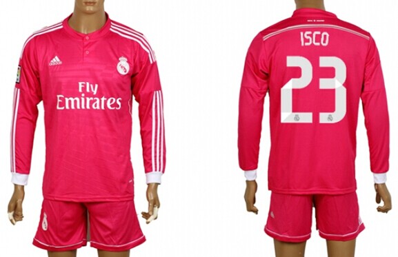 2014/15 Real Madrid #23 Isco Away Pink Soccer Long Sleeve Shirt Kit
