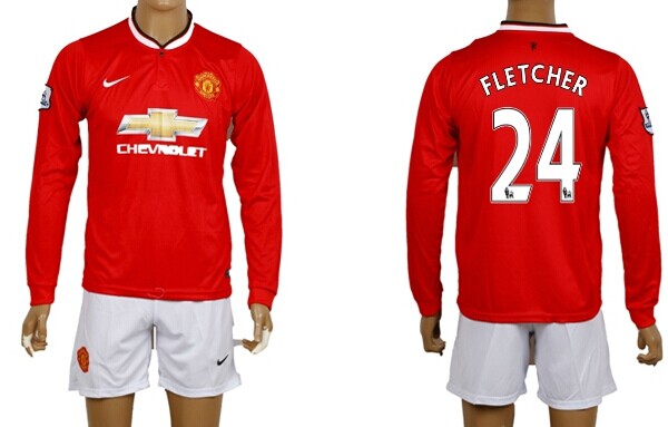 2014/15 Manchester United #24 Fletcher Home Soccer Long Sleeve Shirt Kit