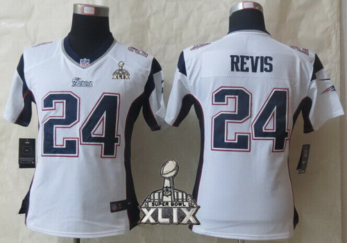 Nike New England Patriots #24 Darrelle Revis 2015 Super Bowl XLIX White Game Womens Jersey
