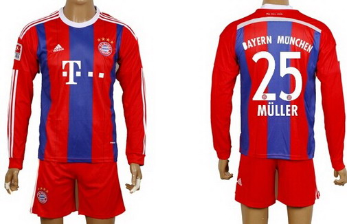 2014/15 Bayern Munchen #25 Muller Home Soccer Long Sleeve Shirt Kit