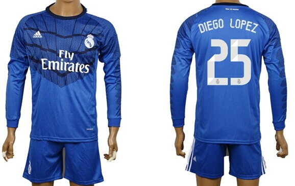 2014/15 Real Madrid #25 Diego Lopez Goalkeeper Blue Soccer Long Sleeve Shirt Kit