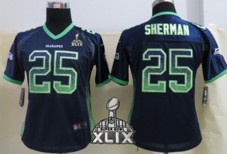 Nike Seattle Seahawks #25 Richard Sherman 2015 Super Bowl XLIX 2013 Drift Fashion Blue Womens Jersey