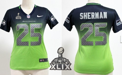 Nike Seattle Seahawks #25 Richard Sherman 2015 Super Bowl XLIX Navy Blue/Green Fadeaway Womens Jersey