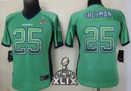 Nike Seattle Seahawks #25 Richard Sherman 2015 Super Bowl XLIX 2013 Drift Fashion Green Womens Jersey