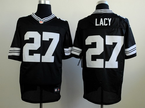 Nike Green Bay Packers #27 Eddie Lacy Black With White Elite Jersey