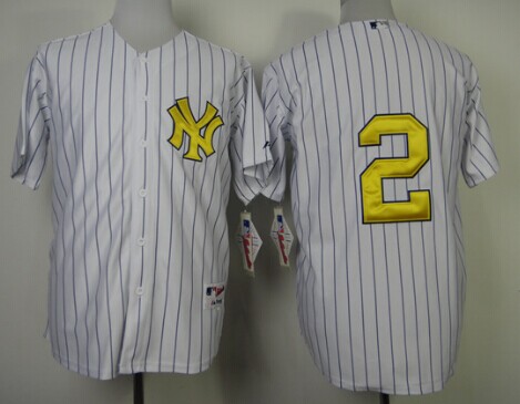 New York Yankees #2 Derek Jeter White With Gold Jersey