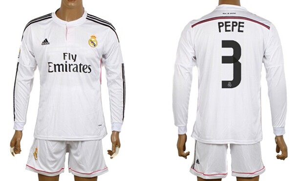 2014/15 Real Madrid #3 Pepe Home Soccer Long Sleeve Shirt Kit