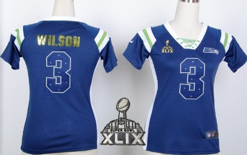 Nike Seattle Seahawks #3 Russell Wilson 2015 Super Bowl XLIX Drilling Sequins Blue Womens Jersey