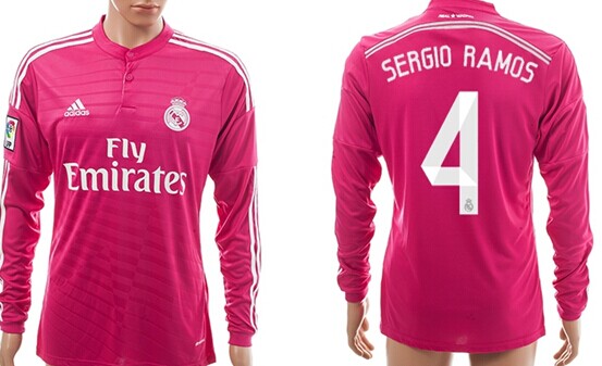 2014/15 Real Madrid #4 Sergio Ramos Away Pink Soccer Long Sleeve AAA+ T-Shirt