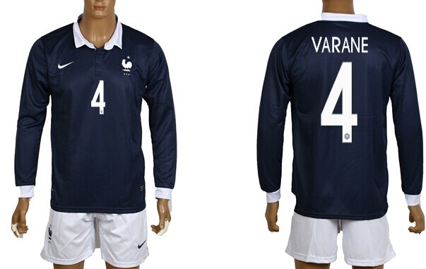 2014 World Cup France #4 Varane Home Soccer Long Sleeve Shirt Kit