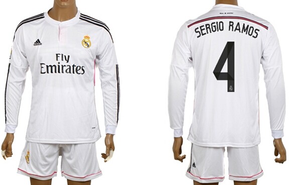 2014/15 Real Madrid #4 Sergio Ramos Home Soccer Long Sleeve Shirt Kit