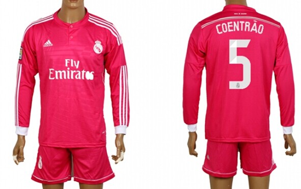 2014/15 Real Madrid #5 Coentrao Away Pink Soccer Long Sleeve Shirt Kit