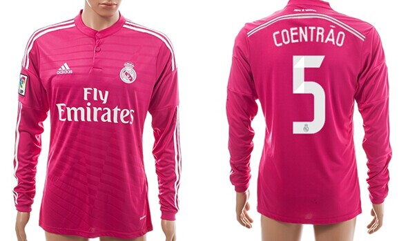 2014/15 Real Madrid #5 Coentrao Away Pink Soccer Long Sleeve AAA+ T-Shirt