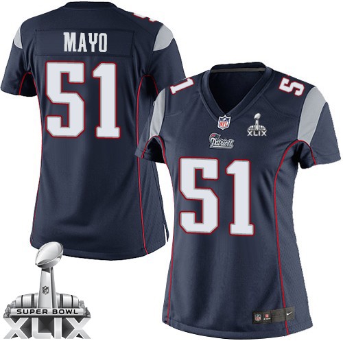 Nike New England Patriots #51 Jerod Mayo 2015 Super Bowl XLIX Blue Game Womens Jersey