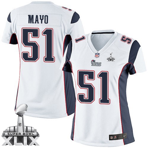 Nike New England Patriots #51 Jerod Mayo 2015 Super Bowl XLIX White Game Womens Jersey