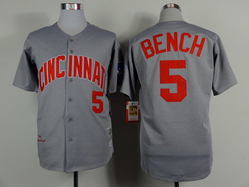 Cincinnati Reds #5 Johnny Bench 1969 Gray Wool Button Throwback Jersey