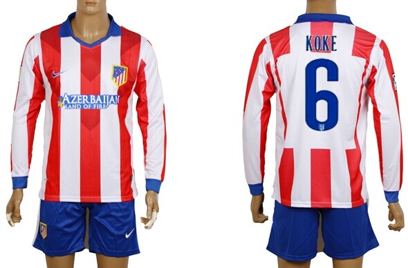 2014/15 Atletico Madrid #6 Koke Home Soccer Long Sleeve Shirt Kit