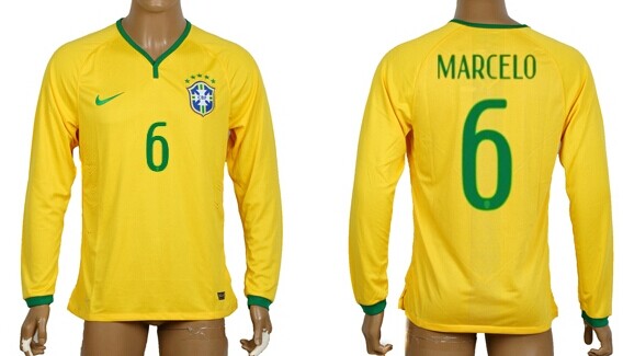 2014 World Cup Brazil #6 Marcelo Home Soccer Long Sleeve AAA+ T-Shirt