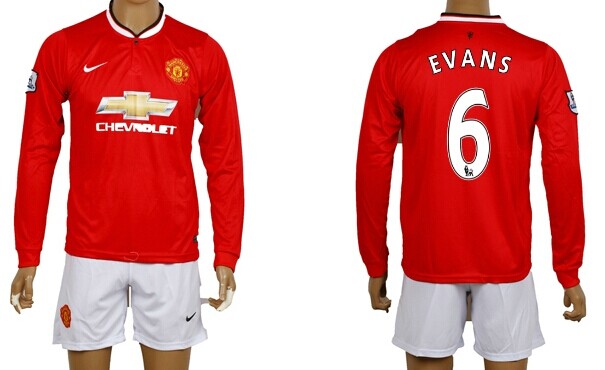 2014/15 Manchester United #6 Evans Home Soccer Long Sleeve Shirt Kit