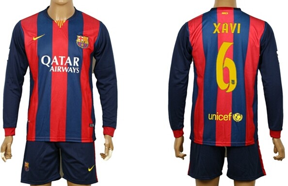 2014/15 FC Bacelona #6 Xavi Home Soccer Long Sleeve Shirt Kit