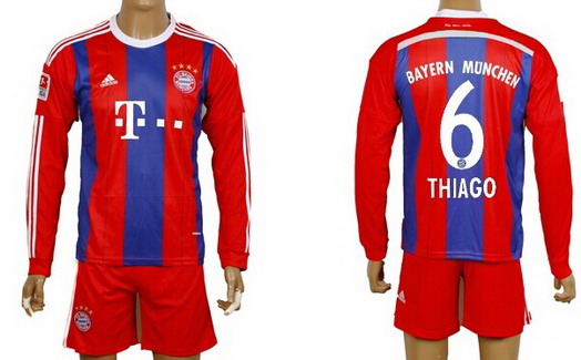 2014/15 Bayern Munchen #6 Thiago Home Soccer Long Sleeve Shirt Kit