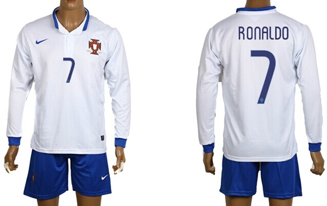 2014 World Cup Portugal #7 Ronaldo Away White Soccer Long Sleeve Shirt Kit
