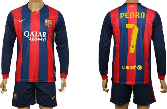 2014/15 FC Bacelona #7 Pedro Home Soccer Long Sleeve Shirt Kit