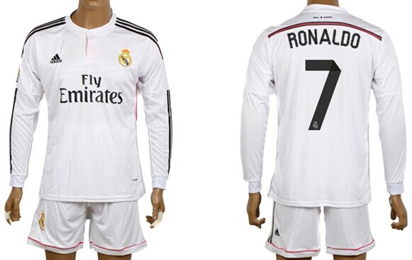 2014/15 Real Madrid #7 Ronaldo Home Soccer Long Sleeve Shirt Kit