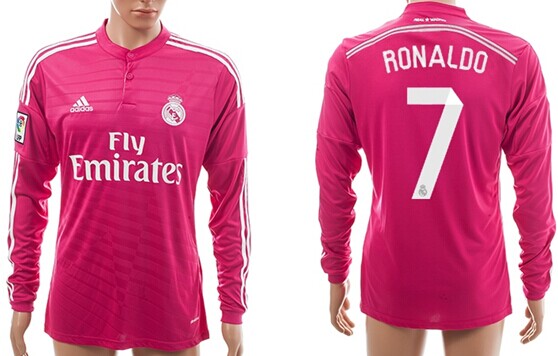 2014/15 Real Madrid #7 Ronaldo Away Pink Soccer Long Sleeve AAA+ T-Shirt