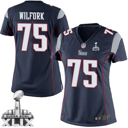 Nike New England Patriots #75 Vince Wilfork 2015 Super Bowl XLIX Blue Game Womens Jersey