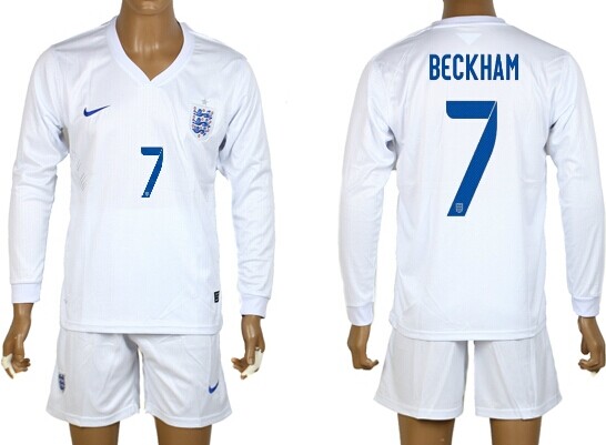 2014 World Cup England #7 Beckham Away Soccer Long Sleeve Shirt Kit