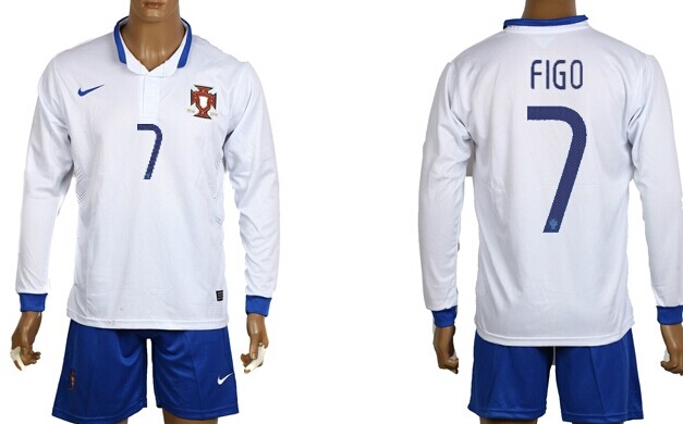 2014 World Cup Portugal #7 Figo Away White Soccer Long Sleeve Shirt Kit