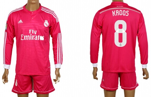 2014/15 Real Madrid #8 Croos Away Pink Soccer Long Sleeve Shirt Kit