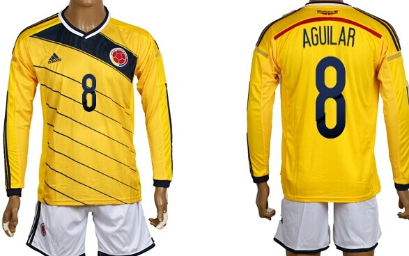 2014 World Cup Columbia #8 Aguilar Home Soccer Long Sleeve Shirt Kit