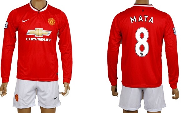 2014/15 Manchester United #8 Mata Home Soccer Long Sleeve Shirt Kit