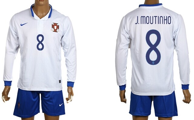 2014 World Cup Portugal #8 J.Moutinho Away White Soccer Long Sleeve Shirt Kit