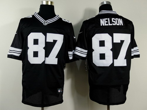 Nike Green Bay Packers #87 Jordy Nelson Black With White Elite Jersey