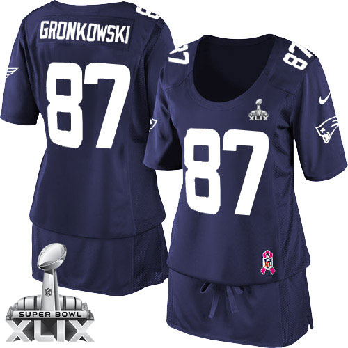 Nike New England Patriots #87 Rob Gronkowski 2015 Super Bowl XLIX Breast Cancer Awareness Navy Blue Womens Jersey