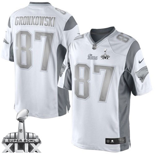 Nike New England Patriots #87 Rob Gronkowski 2015 Super Bowl XLIX Platinum White Limited Jersey