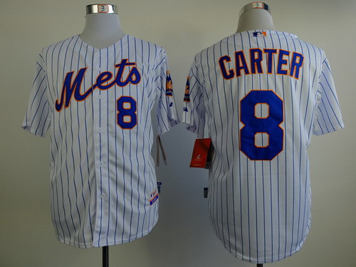 New York Mets #8 Gary Carter White Pinstripe Cool Base Jersey