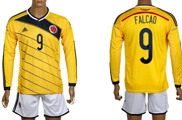 2014 World Cup Columbia #9 Falcao Home Soccer Long Sleeve Shirt Kit