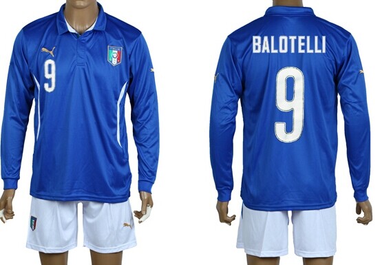 2014 World Cup Italy #9 Balotelli Home Soccer Long Sleeve Shirt Kit