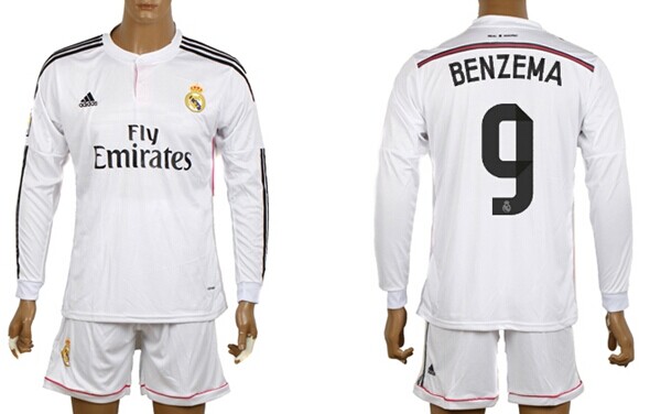 2014/15 Real Madrid #9 Benzema Home Soccer Long Sleeve Shirt Kit