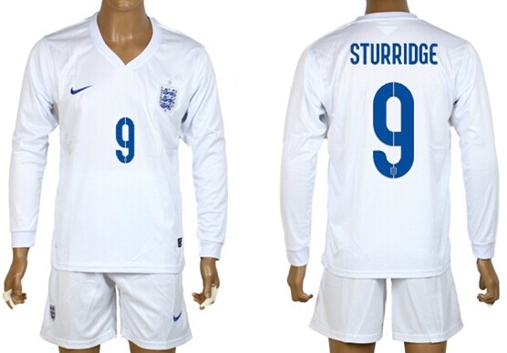 2014 World Cup England #9 Sturridge Home Soccer Long Sleeve Shirt Kit