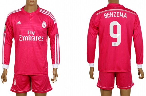 2014/15 Real Madrid #9 Benzema Away Pink Soccer Long Sleeve Shirt Kit