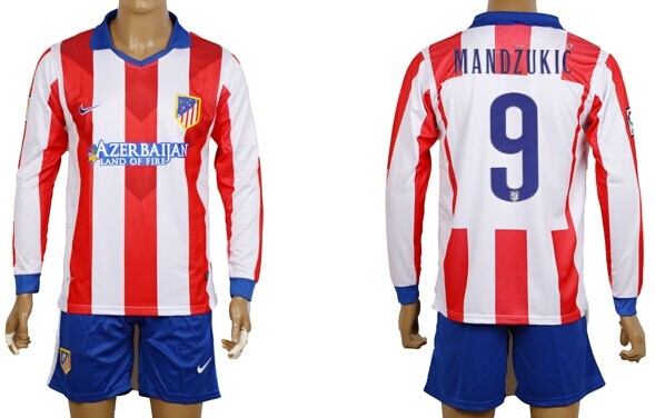 2014/15 Atletico Madrid #9 Mandzukic Home Soccer Long Sleeve Shirt Kit