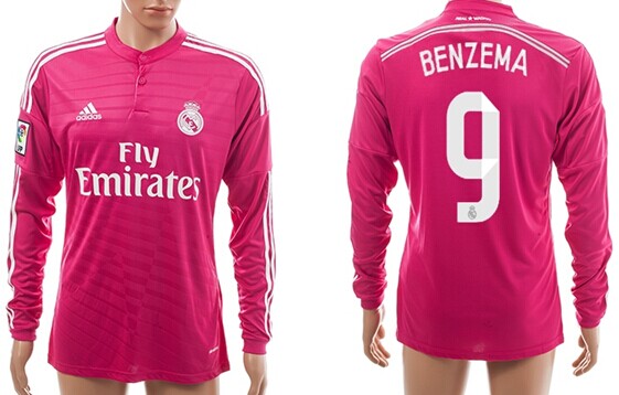 2014/15 Real Madrid #9 Benzema Away Pink Soccer Long Sleeve AAA+ T-Shirt