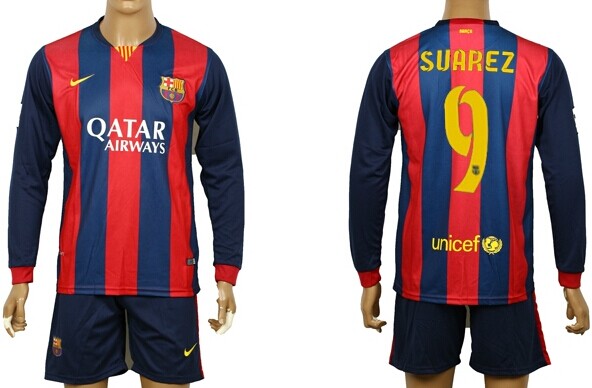 2014/15 FC Bacelona #9 Suarez Home Soccer Long Sleeve Shirt Kit