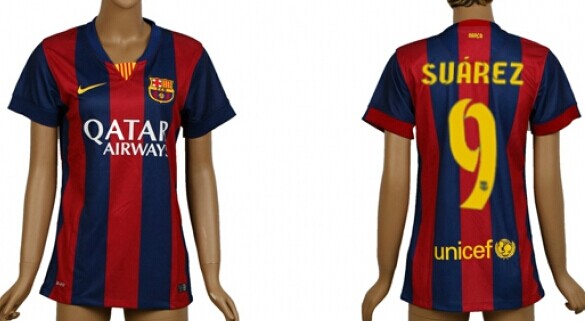 2014/15 FC Bacelona #9 Suarez Home Soccer AAA+ T-Shirt_Womens
