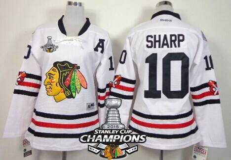 Chicago Blackhawks #10 Patrick Sharp 2015 Winter Classic White Womens Jersey W-2015 Stanley Cup Champion Patch
